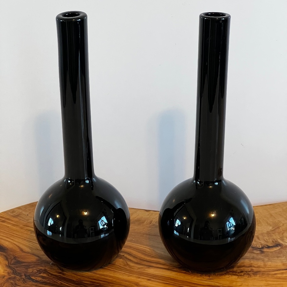 Two's Company Hand Blown Black Amethyst Glass Bud Vase Pair - 1983 - Set Of 2